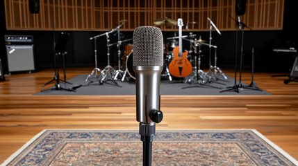 Vintage microphone recording studio music production acoustic panel drum set electric guitar wooden floor stage rug pop filter mic stand evoke creative focus and anticipation professional session