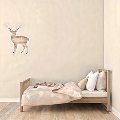 Bright minimalist kids bedroom with bed and deer print on wall