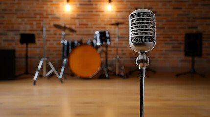 Vintage microphone music studio brick wall warm light wooden floor drum set stage performance retro audio