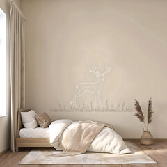 Bright minimalist kids bedroom with bed and deer print on wall