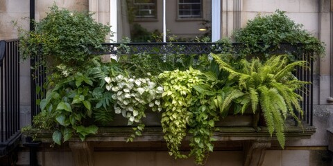 A lush, overflowing window box bursts with vibrant greenery cascading over a wrought-iron railing. The box, built into the exterior wall of a historic building, is densely packed with various ferns,