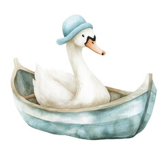 White duck in boat with hat on transparent background