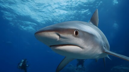 Majestic shark swims in blue ocean depths near scuba divers exploring marine life