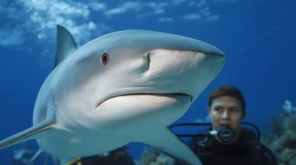 A detailed close up of a majestic shark swimming underwater with a scuba diver in the background set against a vibrant blue ocean backdrop