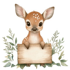 Cute Fawn Holding Sign with Greenery on Transparent Background
