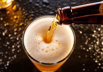 Golden beer pouring into a frothy glass from a bottle.