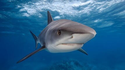 Close up portrait of a grey shark swimming in clear blue ocean water