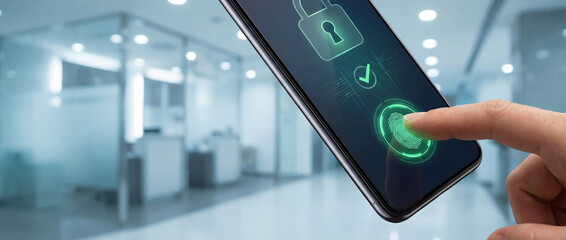 Fingerprint recognition on a smartphone to unlock secure access, illustrating biometric cybersecurity and trusted digital identity protection.