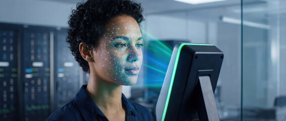 Woman using facial recognition technology for biometric verification, representing digital trust, cybersecurity systems, and secure identity authentication.