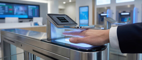 Hand placed on biometric scanner granting access in a modern facility, representing advanced cybersecurity, digital trust, and identity authentication systems.