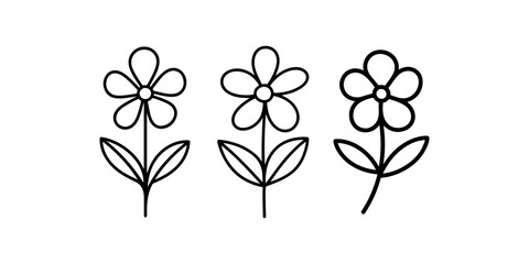Three delicate line drawings of simple flowers with stems and leaves growing upright isolated © MstPoliAkther