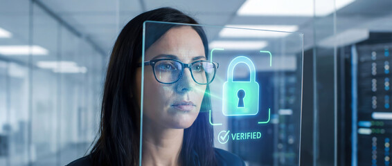 Woman undergoing facial recognition scan through transparent interface in a secure data center, symbolizing biometric cybersecurity and digital trust.