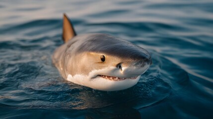 A close up view of a tiger shark emerging from the ocean surface during golden hour revealing its sharp teeth