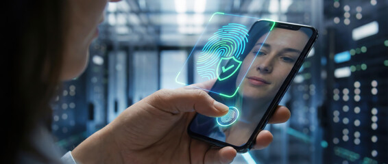Woman using fingerprint scan to unlock smartphone, symbolizing biometric cybersecurity, identity protection and secure digital access.