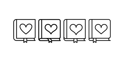 Four books standing upright featuring heart shape symbols on covers with bookmark ribbons attached © MstPoliAkther