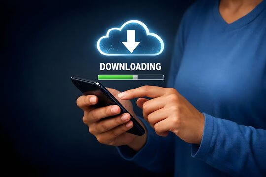 Download processing data concept. Downloading data from cloud storage. Person using smartphone with downloading bar on virtual screen for download files. - Powered by Adobe