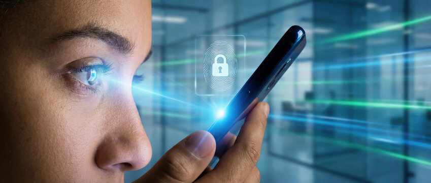 Close-up of a woman using iris recognition on a smartphone, symbolizing biometric cybersecurity, privacy protection, and digital trust in secure systems. - Powered by Adobe