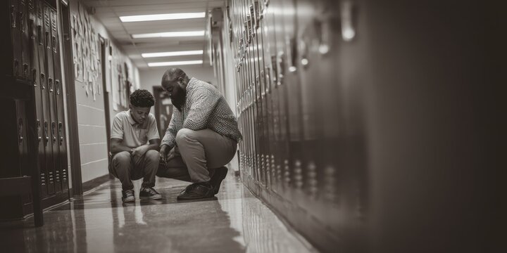 A black and white photograph depicts a Black male teacher kneeling beside a young Black male student in a school hallway. The teacher is carefully examining the student?s shoelaces, 