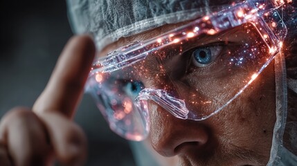 Futuristic scientist exploring digital data with glowing augmented reality glasses, innovative technology and scientific research concept