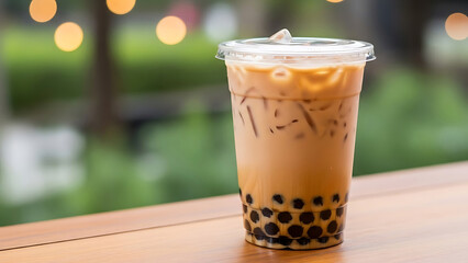 Iced milk tea with tapioca pearls in a clear plastic cup on a wooden surface with bokeh lights
