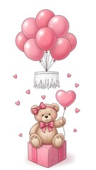 Valentine's day pink teddy bear holding heart balloon and sitting on gift box with balloons