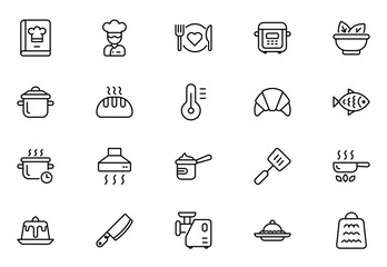 Cooking line icon set.  Frying pan and Kitchen utensils. Fork, spoon and knife line icons. Recipe book, chef hat and cutting board. Thin outline icons pack. Vector illustration