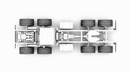 View of a white semi truck with visible engine and cabin components transparent background