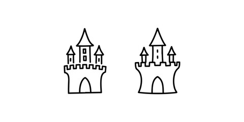 Castle structure outline icon set showing medieval fortress landmark buildings illustration © MstPoliAkther