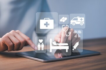 Health Icons on the Horizon: A person uses a tablet, interacting with digital health icons representing comprehensive healthcare services.