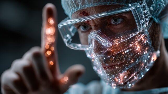 Surgeon with futuristic protective gear pointing, innovative medical technology concepts, research and development in a sterile environment - Powered by Adobe