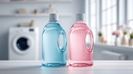 laundry detergent bottles in a bright, clean laundry room setting