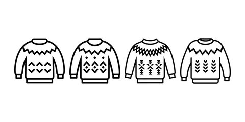 Collection of four knitted sweaters with fair isle patterns isolated on white background