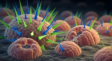 A detailed microscopic 3D illustration of spiky biological virus pathogens on a textured surface representing infectious disease spread and medical science microbiology research for healthcare
