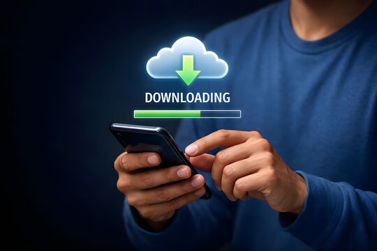 Download processing data concept. Downloading data from cloud storage. Person using smartphone with downloading bar on virtual screen for download files. - Powered by Adobe