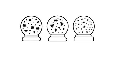 Set of three line art icons representing different styles of snow globes with snowflakes inside