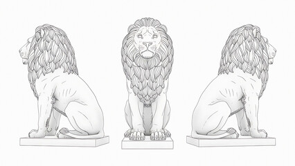 Three lion statues in different views with intricate details and textures transparent background