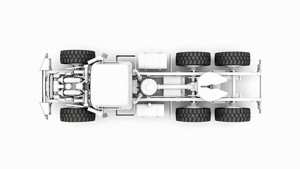 White industrial truck with six wheels and visible engine components from a view transparent background