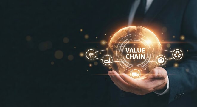 Professional adult man in a suit holding a glowing digital globe showing global value chain concept with icons for manufacturing, logistics, and recycling in a dark studio. - Powered by Adobe