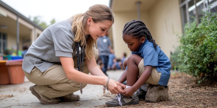 A young boy, wearing a blue shirt and khaki pants, sits on a concrete step while a woman, dressed in a gray t-shirt and khaki pants, carefully ties his shoelaces.