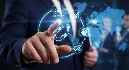Adult businessman in a formal suit interacting with a glowing digital holographic interface for lead generation and recruitment, focusing on a magnet icon over a blurred globe in a modern office.