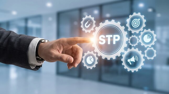 Professional Caucasian Businessman in a Dark Suit Managing Marketing Strategy Through a Digital Interface of Glowing Gears Representing the STP Process of Segmentation Targeting and Positioning - Powered by Adobe