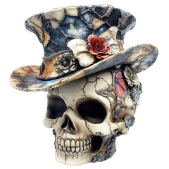 Gothic Skull with Hat and Rose on Transparent Background