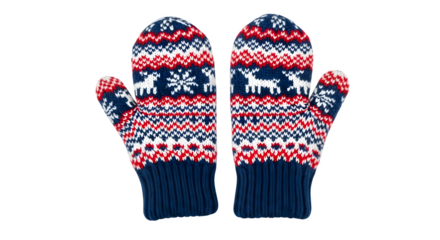 Winter mittens with reindeer pattern isolated on transparent background