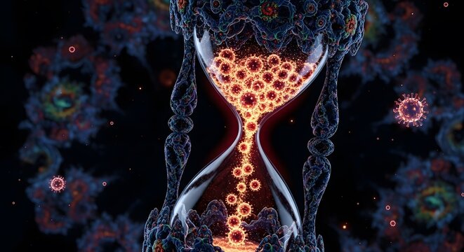 A surreal digital illustration of a virus hourglass representing global health pandemic countdown with glowing biological cells flowing through glass against a dark microscopic background - Powered by Adobe