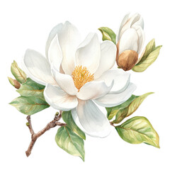 White Magnolia Flower with Leaves on Transparent Background