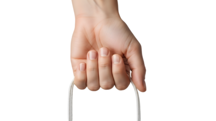 A human hand with natural fingernails firmly grasping two white string handles of an unseen shopping or gift bag captured in a bright studio setting with even neutral lighting isolated on tr