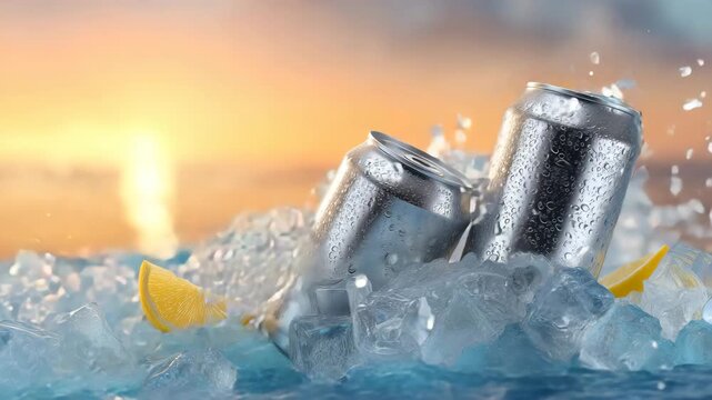 氷の上に置かれた炭酸水缶と、海の夕景