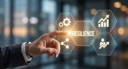 Professional adult businessman in a suit at a modern office interacting with a digital touchscreen interface featuring a resilience concept and corporate strategy icons, blue background.