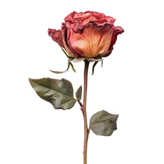 Dried Red Rose with Green Leaves on Transparent Background