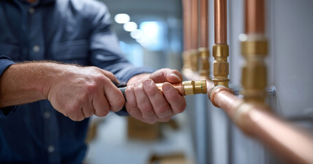 Close-up of plumber's hands tightening copper pipe fittings with a wrench in an indoor plumbing installation setting